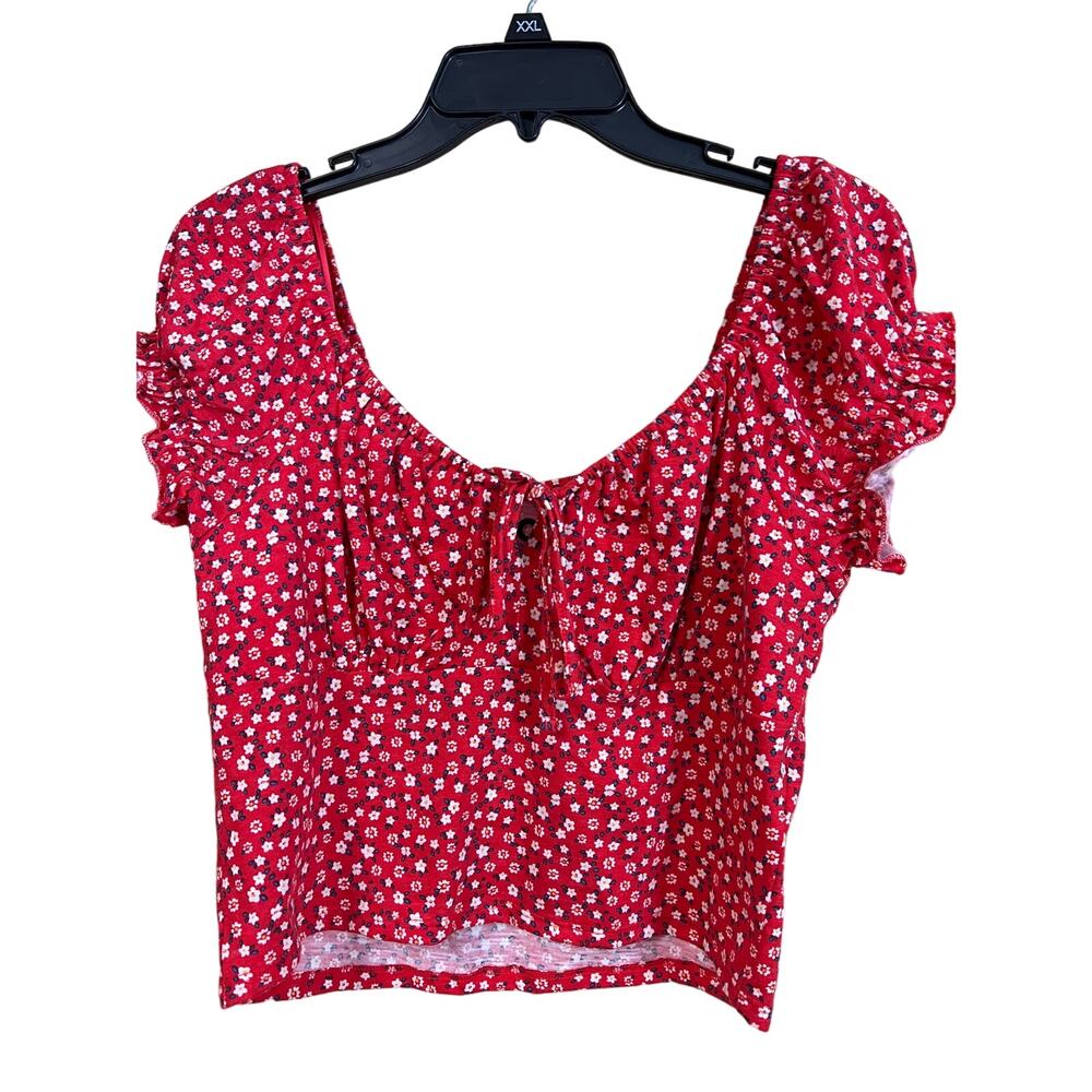 💜3/$25 💜 Puff Sleeve Crop TOP Juniors PLUS XXL 19 Ditsy Red Floral Blouse NEW - Picture 3 of 9